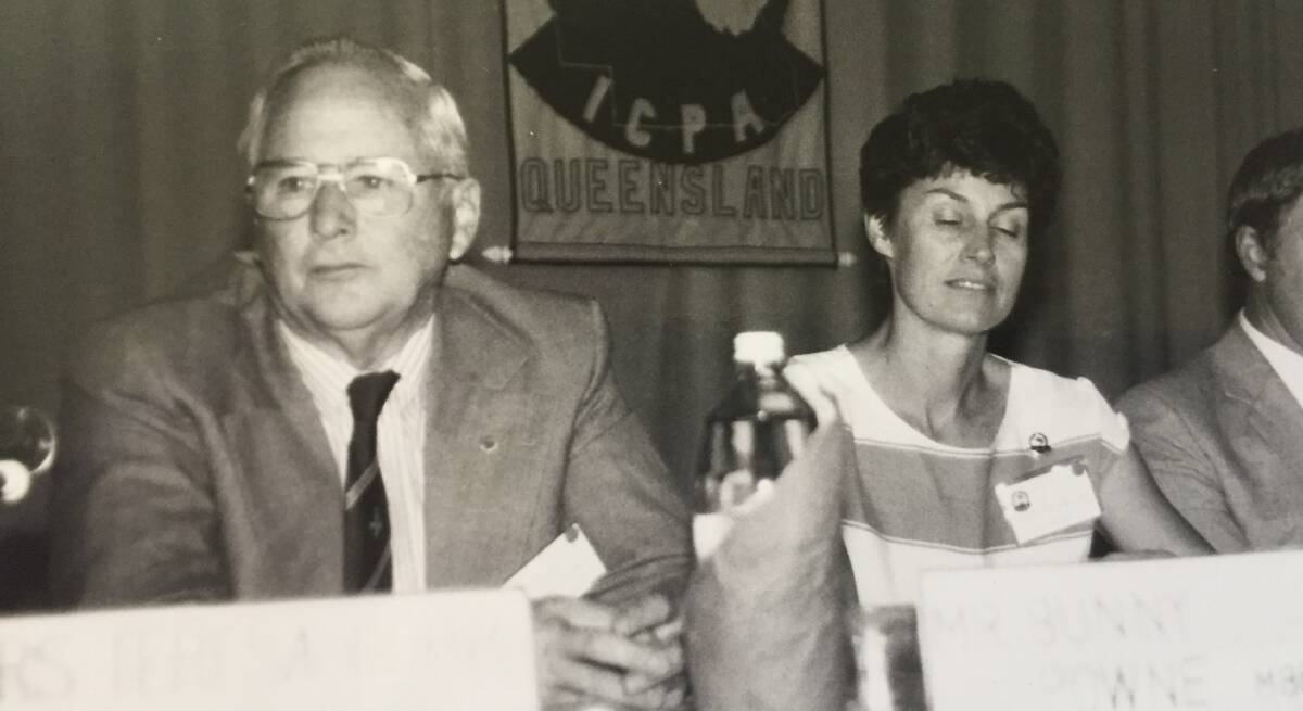 Bunny, in his capacity as Queensland ICPA vice president, alongside then-assistant secretary Helen Collins, listening to debate at the 1987 state conference at Chinchilla. Photo supplied.