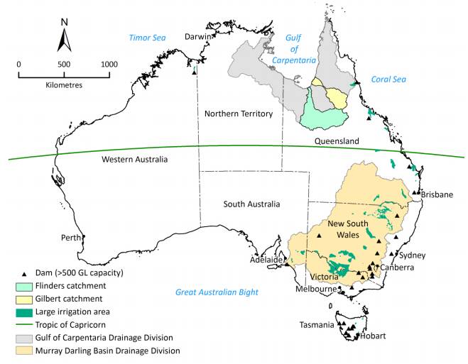 The Flinders-Gilbert river catchments and the position they have in the Gulf of Carpentaria drainage system, coloured in grey. Sourced from CSIRO.