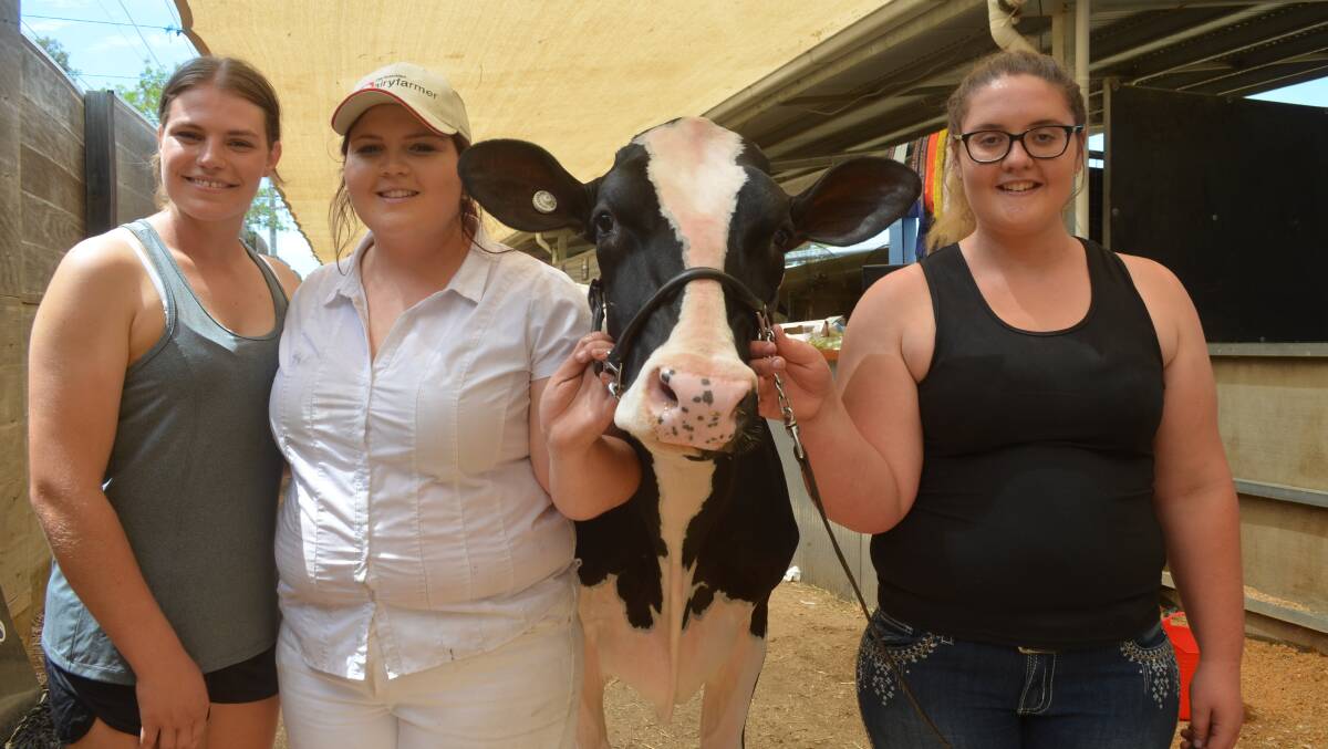 Girl power: Leah Orton, and Katie and Renee Anderson, Yarroweyah, Vic, with their junior interbreed champion Sun Vale Lotus Donna.