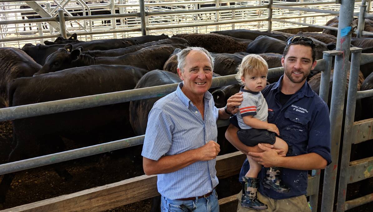 Murray Howard, pictured with grandson Raffy and son Matt, sold the opening pen at the Colac annual steer weaner sale for $1390. 