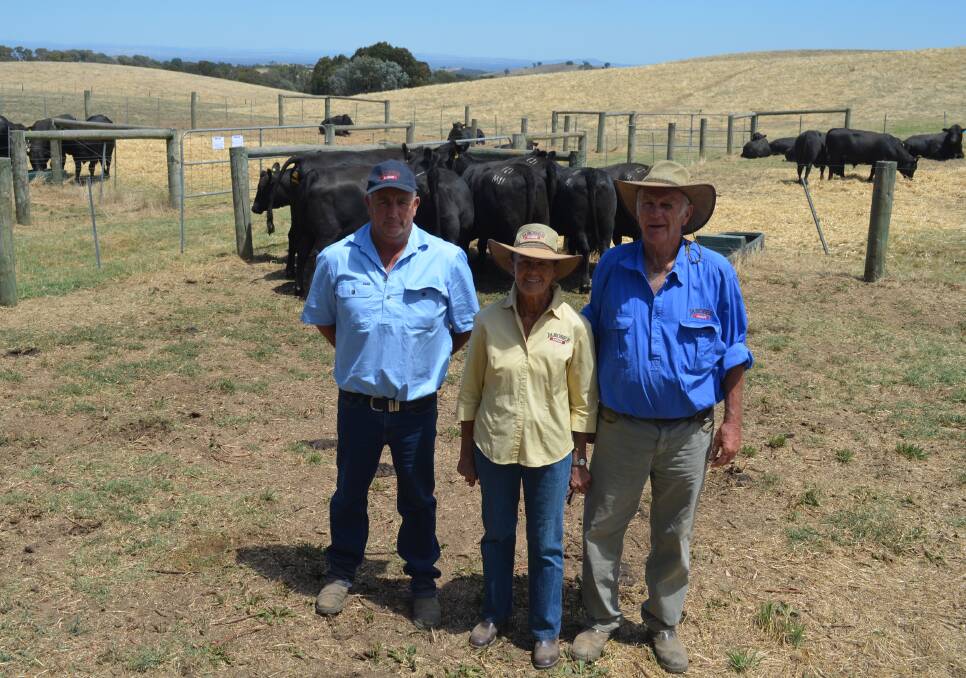 Engine room: Jarobee, Beechworth, displayed its group of heifers that were entered in the 2018 RASV Heifer Challenge. Pictured Greg White, Jan and Alan Robinson.