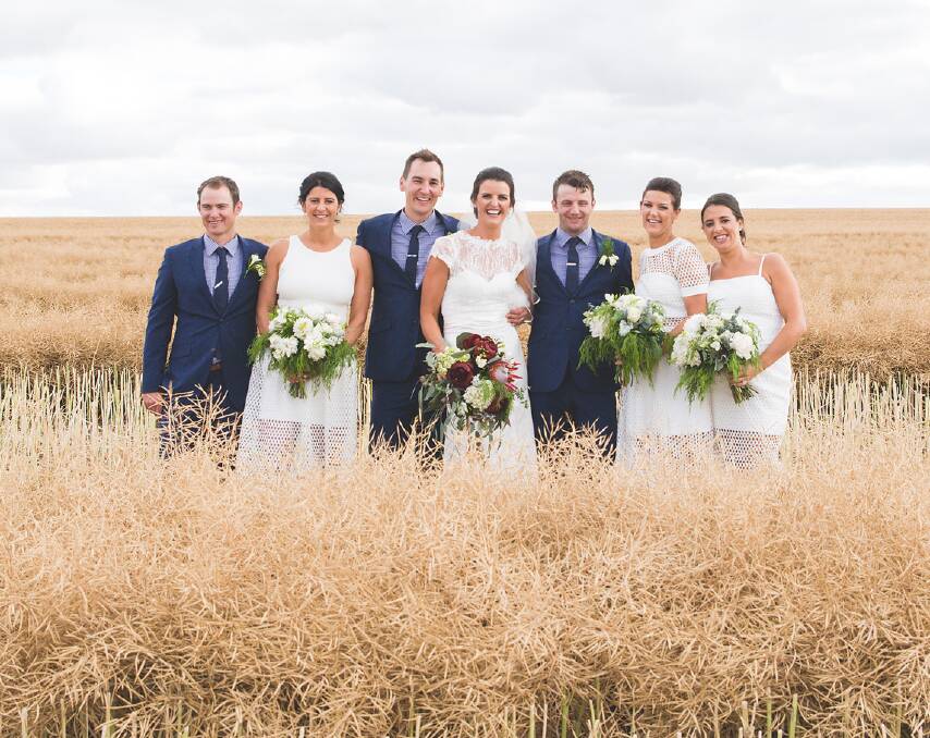 Wedding party: Annabelle with sisters Clementine, Alex and Prudence and David with brother James and friend Hugh Barlow. Photo: One Day Collective