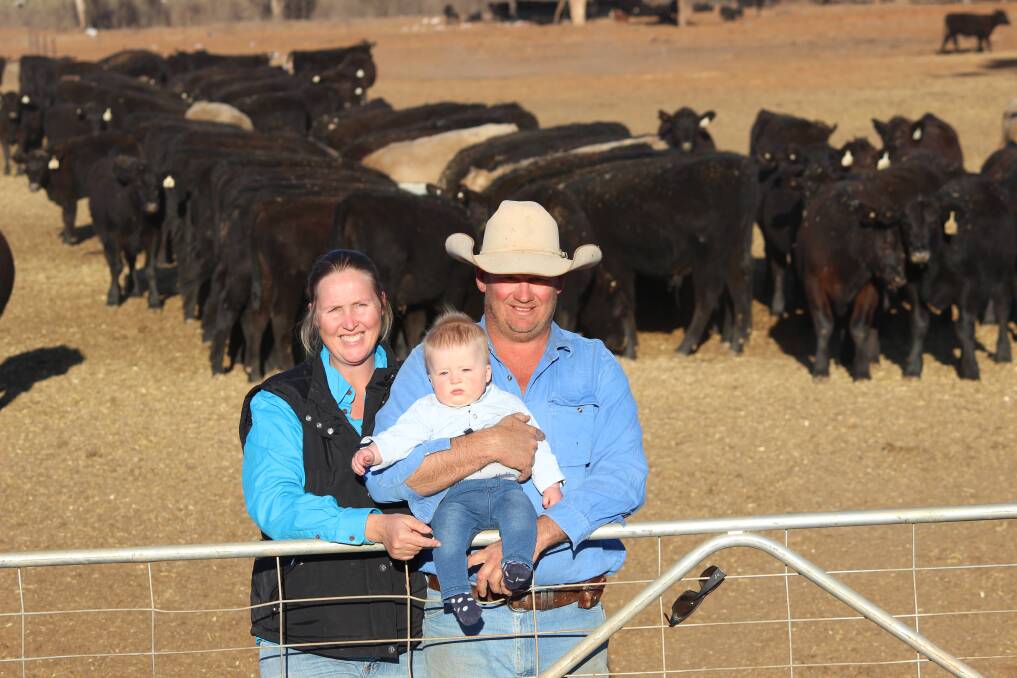 Feeding on: Sophie and Dean Carroll with their seven-month-old son Oliver are feeding 450 Angus weaners and will start offloading the tops in the next few weeks to local backgrounders and lotfeeders. 
