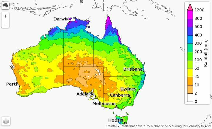 Rainfall totals that have a 75 per cent chance of occurring for February to April. Released by the BoM on January 17. 