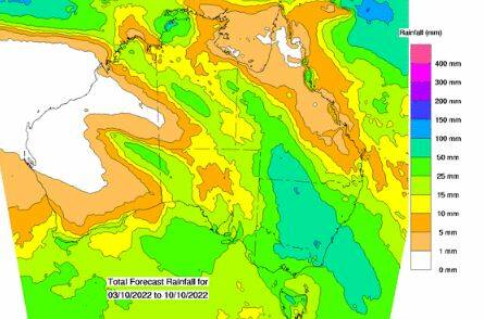 Total forecast rainfall across Australia from October 3 to October 10. Source BOM 