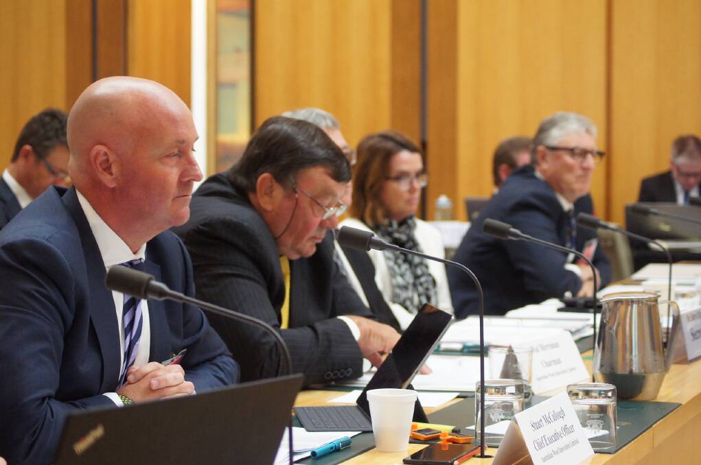 AWI CEO Stuart McCullough and chairman Wal Merriman appearing before a previous Sentate Estimates committee. AWI was set to face further scrutiny at Senate Estimates today. 
