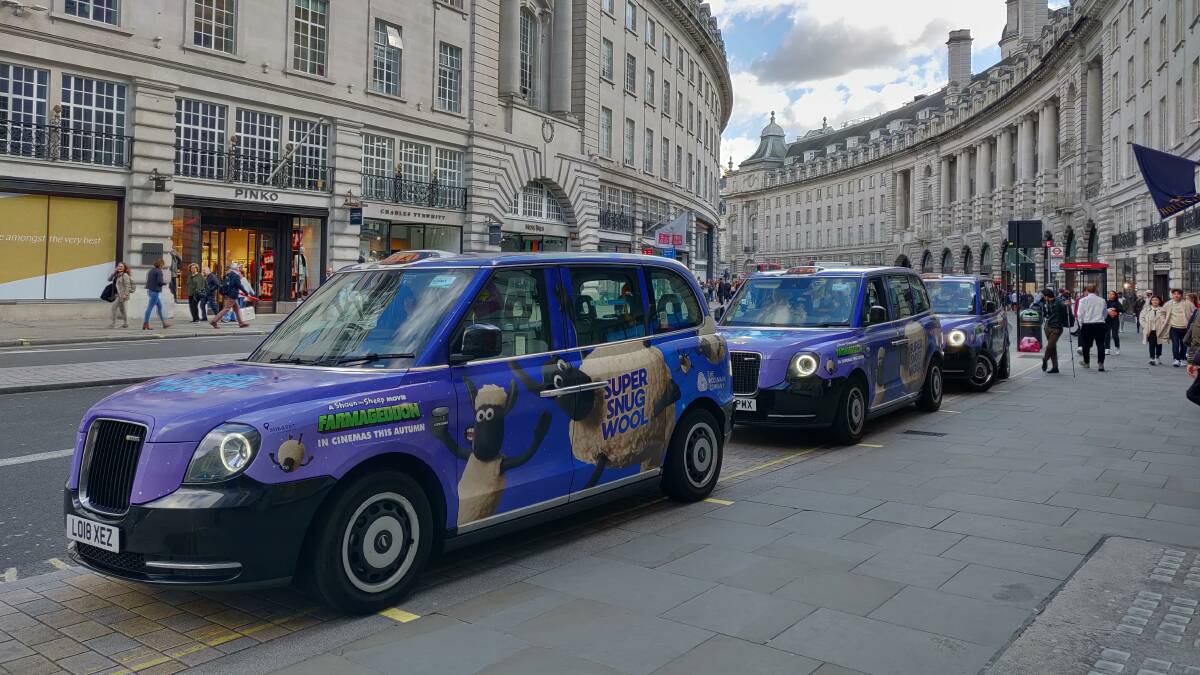 Australian Wool Innovation's Shaun the Sheep-themed marketing campaign featured on 19 Woolmark-branded London electric taxis. Photo: AWI