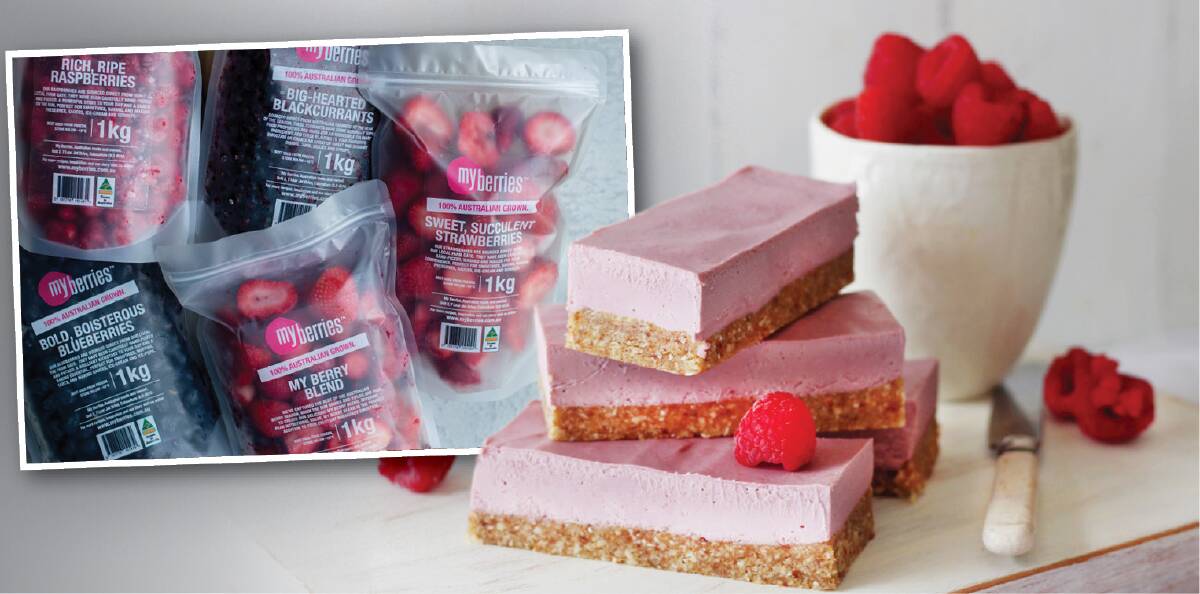 BERRY DELICIOUS: Raw raspberry slice recipe. Inset of My Berries, which can be found in gourmet grocers and independent supermarkets across Australia.
