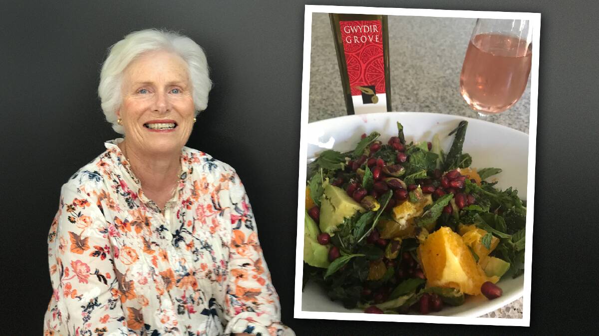DELICIOUS: Margi Kirkby who is one of the founders of Gwydir Grove Olives and a mouth-watering leafy green salad with blood orange, avocado and pomegranate. Photos by Gwydir Grove