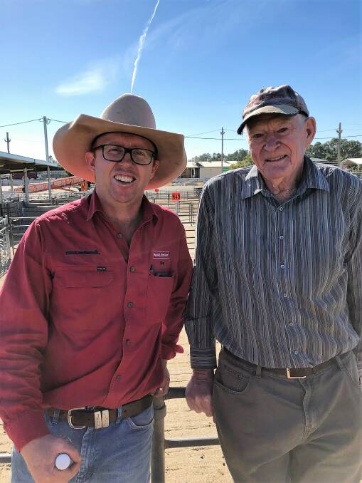 Tim Robinson, Paull and Scollard, Albury, with Ken Lindner, 'Eden Park', Burrumbuttock, who sold 130 shorn lambs to a top of $174/head. 