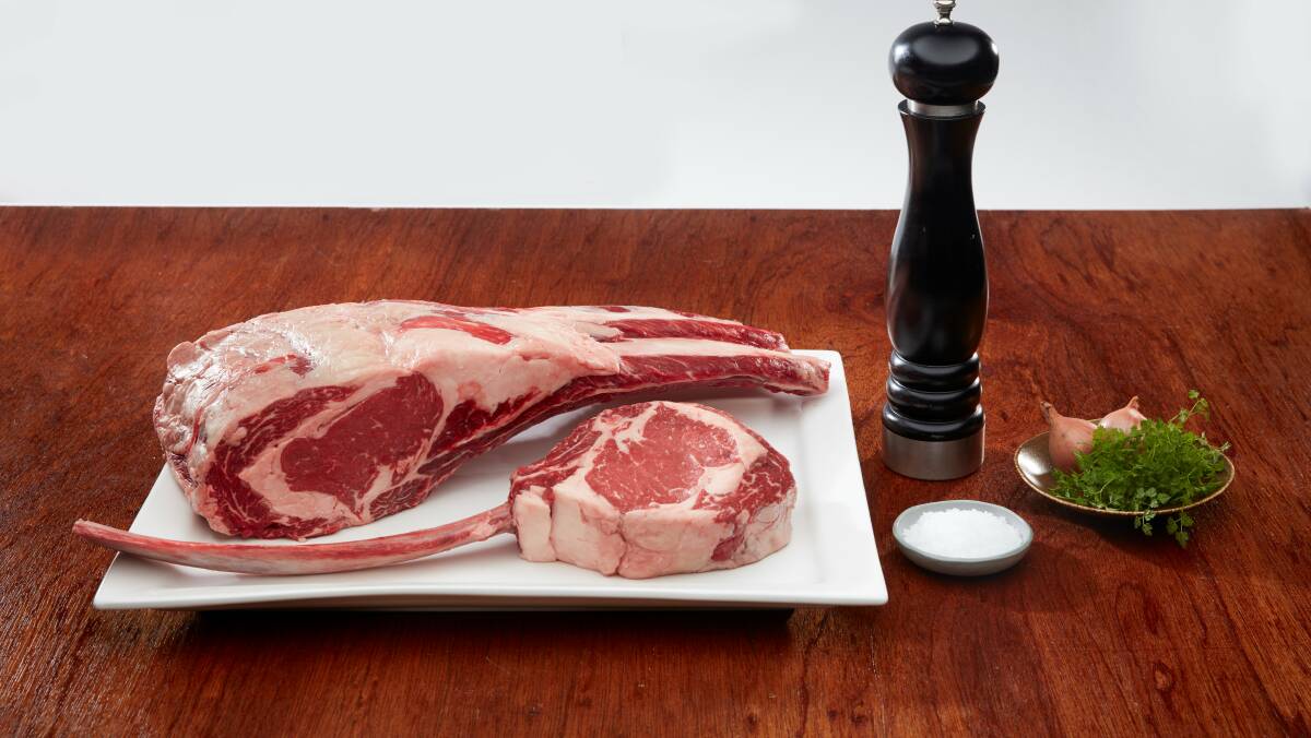 MARBLING: A Three Creek Beef tomahawk steak.