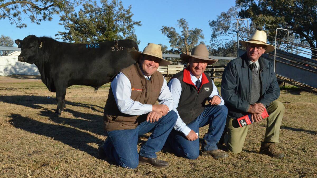 INDUSTRY LEADERS: Sinclair and Hugh Munro, pictured with agent Luke Scicluna, at a Booroomooka bull sale. 