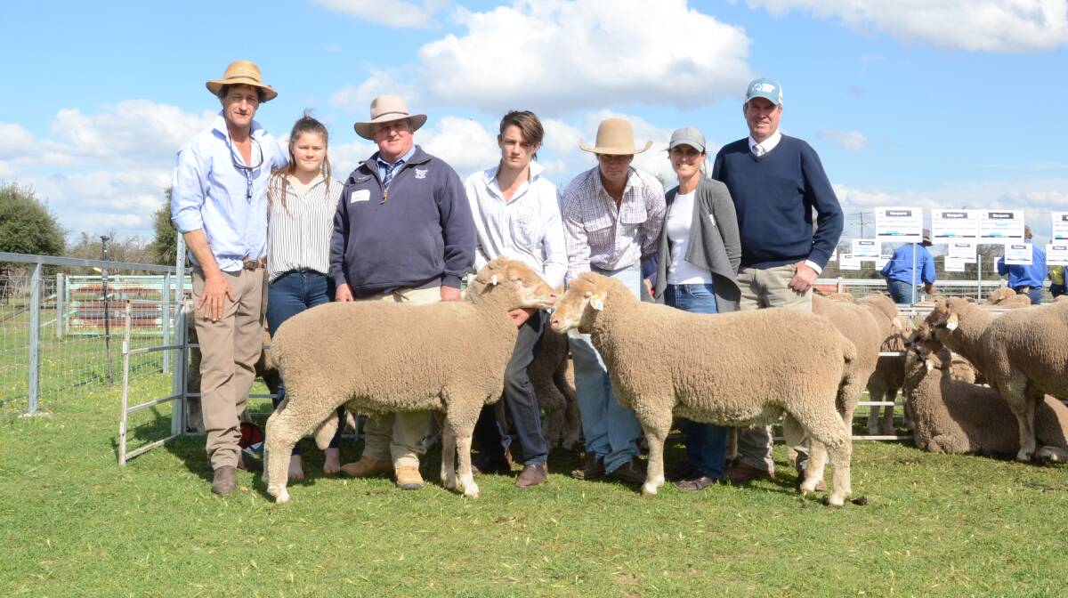 Top two: Macquarie stud's John and Grace Nadin, selling agent Chris Clemson Clemson Hiscox, Walgett, William, Peter and Robyn Nadin and auctioneer Paul Dooley.