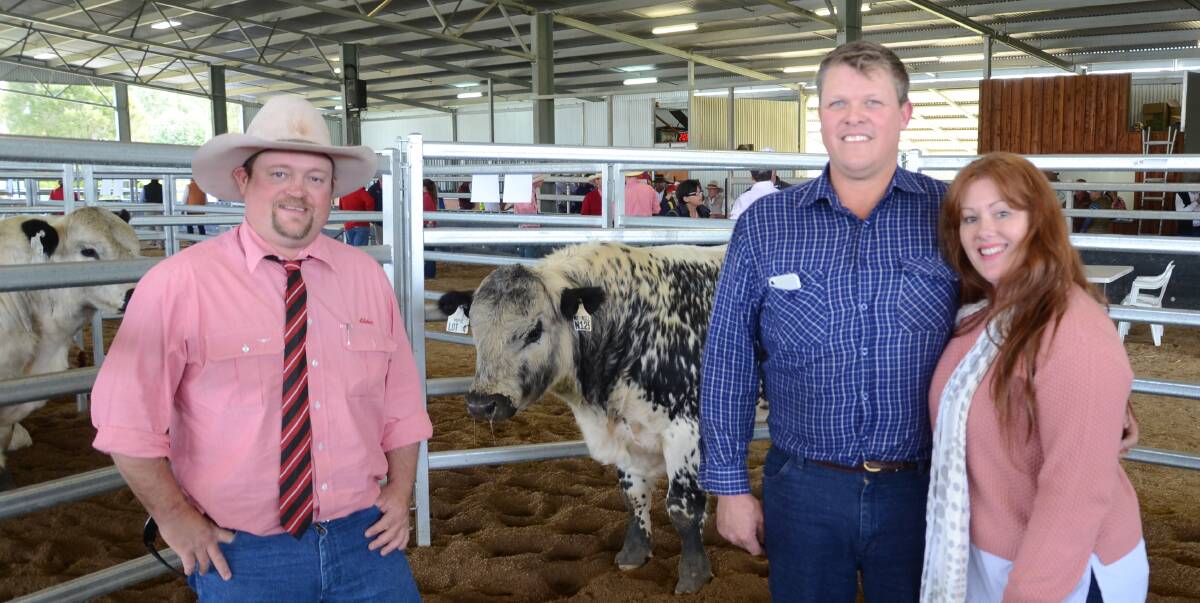 Michael Foster, Elders, Burra, SA, with buyers of three bulls, Chris and Tracey Rains, Yellowie, Canowie, SA.
