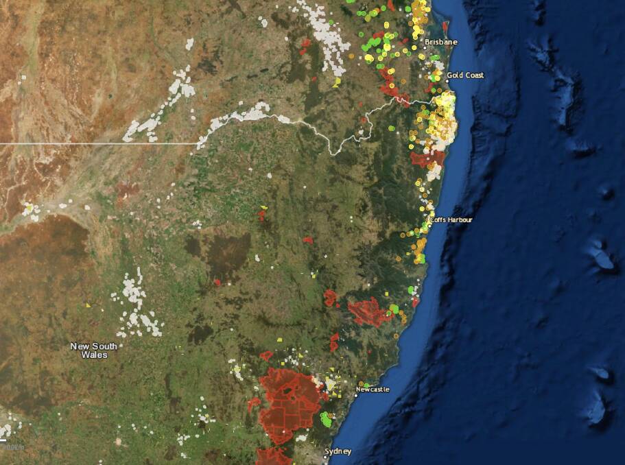 COVERED: The map outlines the location of targeted treecrop farms across Australia, overlayed with a map of burnt areas, which updates every 10 minutes.