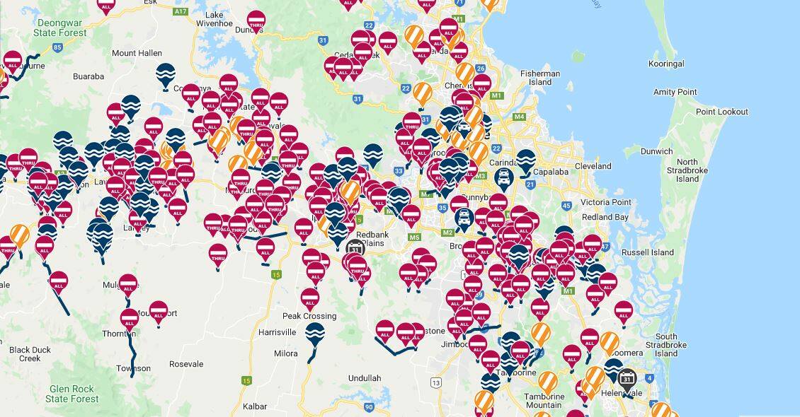 CUT: A screenshot of the road closures and traffic hazards from the Qld Traffic website. 