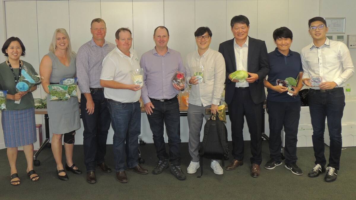 MEETING: Monica Lee, Austrade; Bree Grima, Bundaberg Fruit and Vegetable Growers; Michael Sippel, Lockyer Valley Growers; Mick Maguire, Rugby Farms; Darren Howard, Lake Howard Farm; Mr Lee, SPC - Food Service, Seoul; Mr Kim and son, Myungil Nongsan, Seoul and Legend Lin, One Harvest, on the Qld growers trade mission. 