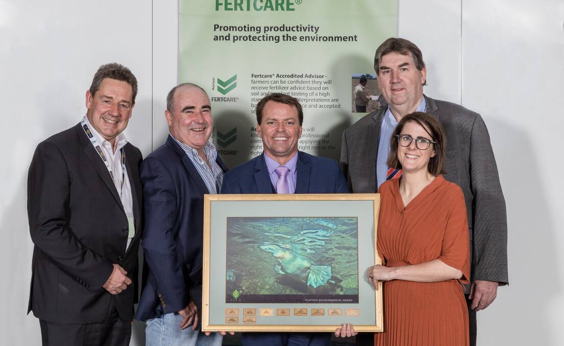 AWARDED: Celebrating their Fertilizer Australia environmental award are Incitec Pivot Fertilisers staff, led by Stephan Titze (L-R), Charlie Walker, Trent Cosh and Rhiannon Modica, with Fertilizer Australia chairman, Jim Mole (back right).