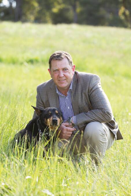 GROUNDED: Federal Member for the Tasmanian electorate of Braddon Gavin Pearce with his dog Trek. Mr Pearce says his farming enterprises provide a welcome relief to the pressures of politics. 