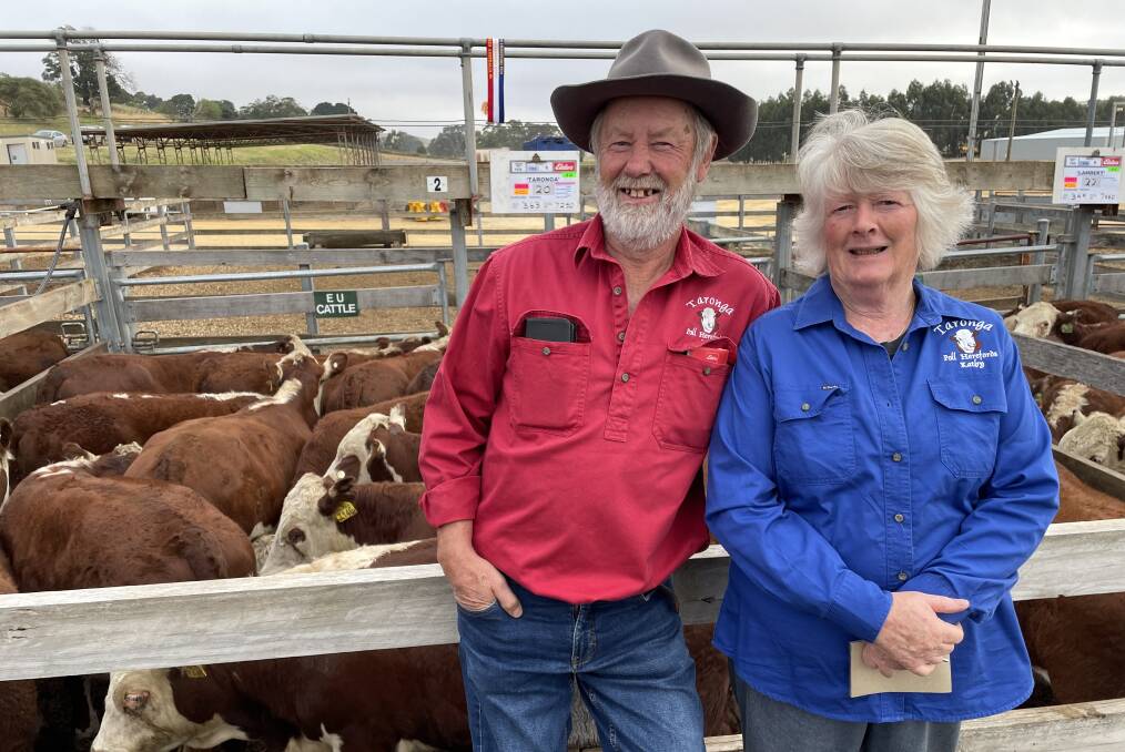 Bill and Kathy Lambert, Taronga, Paschendale, sold 87 Hereford steers at Casterton, and were presented with a Herefords Australia sash for the best-presented pen of cattle.