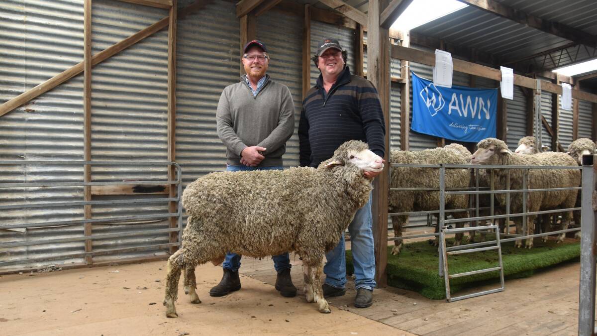With the top priced lot at Boorana at $6200 are buyer representative, Dale Bruns, with Boorana principal, Will Lynch, Glenthompson.