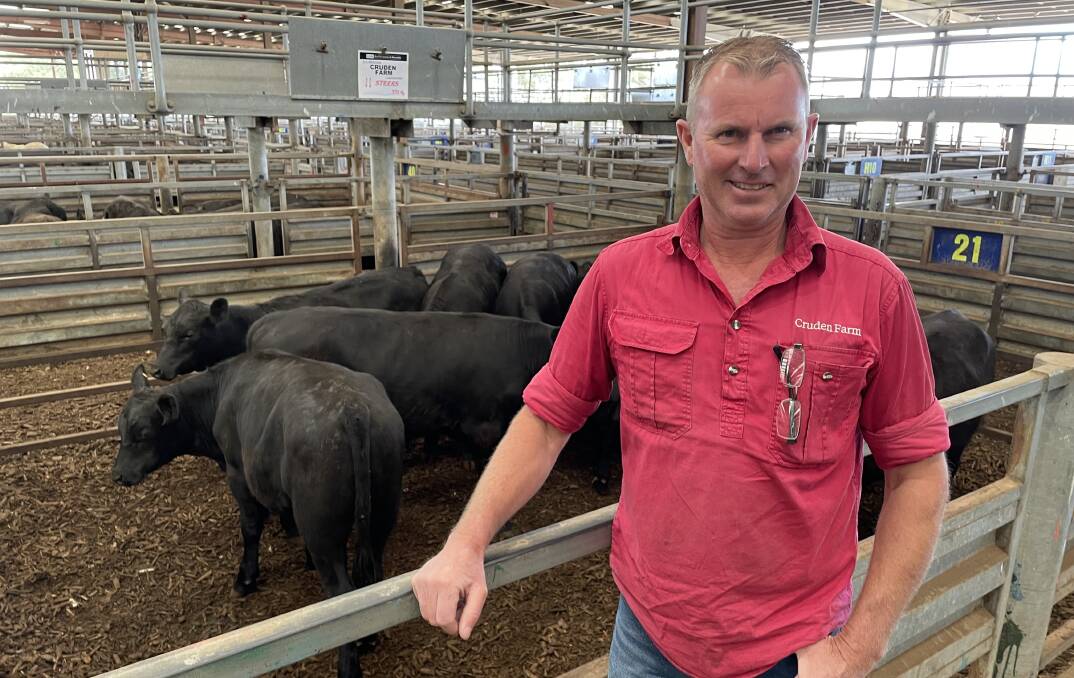 Andrew Gobel, Cruden Farm, Langwarrin, with a pen of 11 Angus steers he sold at Pakenham.