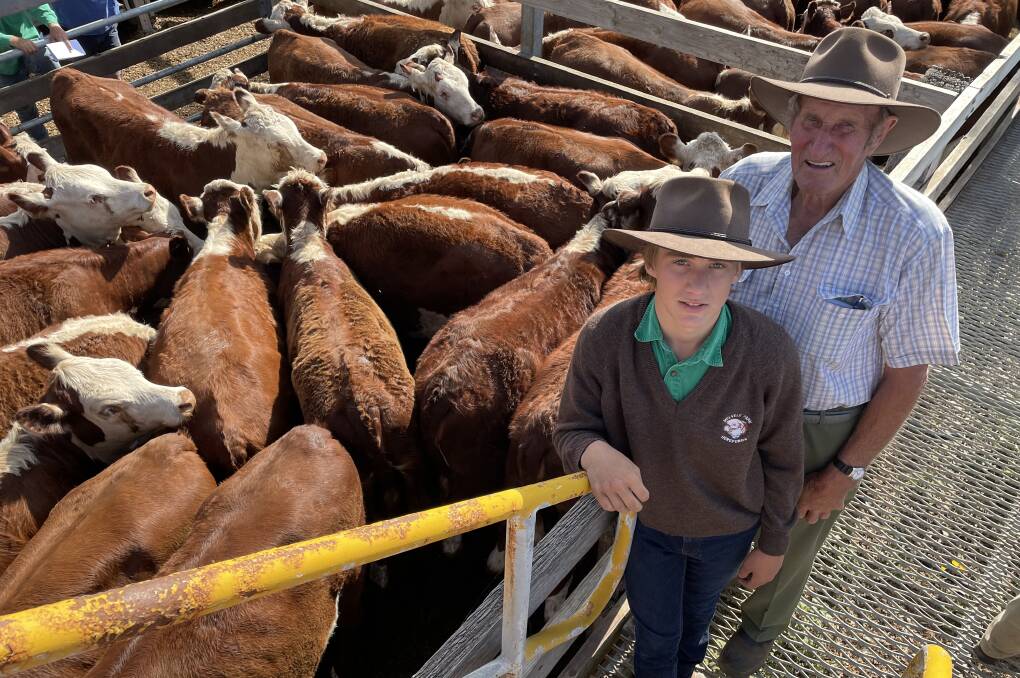 Kaidyn Roberts and David Lyons, Melville Park, Vasey, sold 44 Herefords at Casterton, including the first pen of the breed.