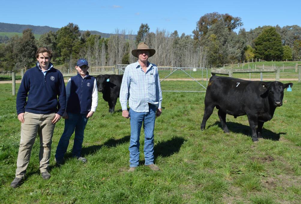 Quality buying: Paringa Livestock's Oscar and Monty Lawson, with Shane Creed, The Grange, Murrindindi, who purchased Paringa Visionary N93 at $7500.