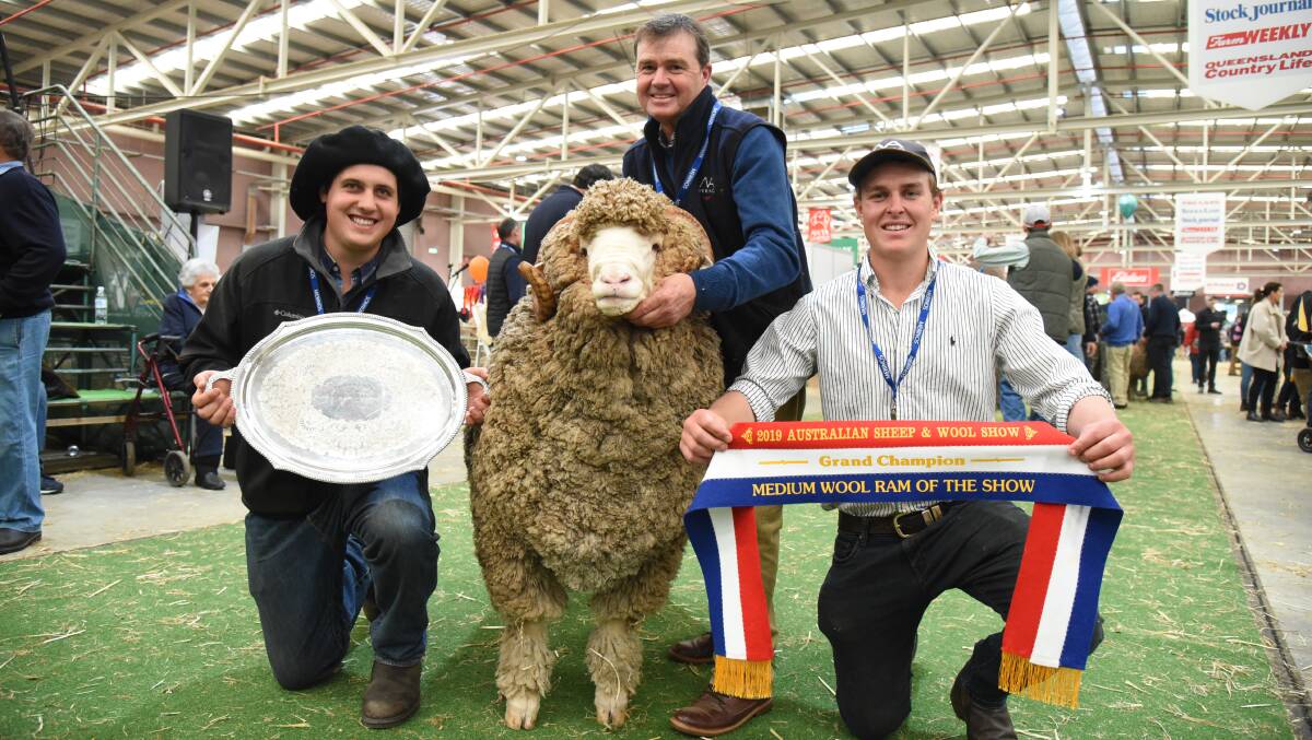 GULNARE GAUCHO: North Ashrose stud's Sebastian Salaberry, Tom Ashby and Angus Ashby with their grand champion medium wool ram of the show, NA Salto. He was named after a Merino region in Uruguay. Photo by Ruby Canning.
