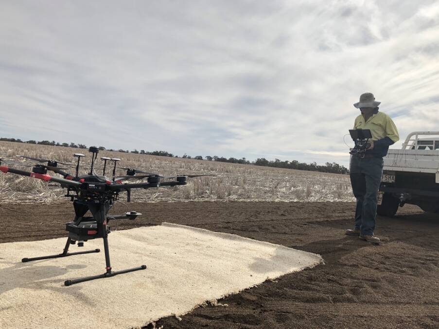 READY FOR TAKE OFF: Tony Single prepares to launch a drone -based weed detection senor which is mapping weeds across the family's 4500 hectares of dryland cropping country near Coonamble. 