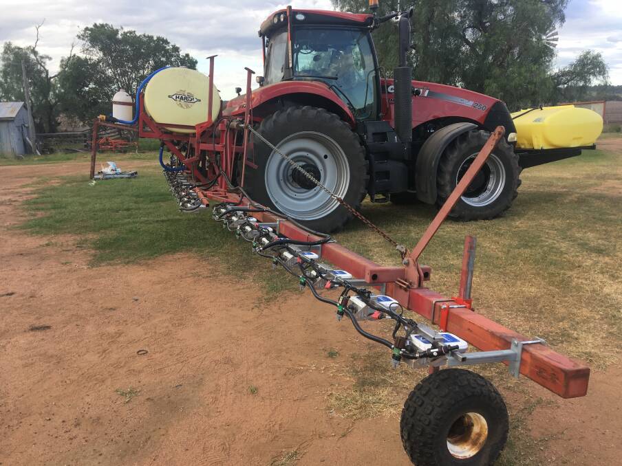 READY FOR BATTLE: A Hardi boomspray was sitting idle but is now set up permanently for spot spraying troublesome Feathertop Rhodes Grass on the Peters family's Darling Downs farm.