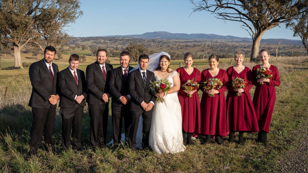 Floyd Legge and his groomsmen wore suits made with the wool from Mr Legge's own sheep to his and his wife Kimberley's wedding. 