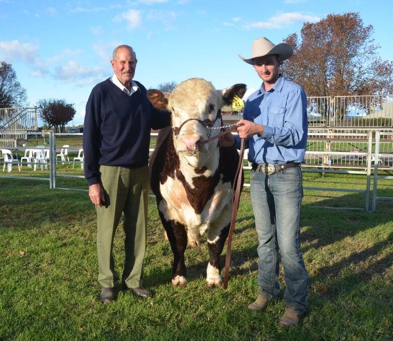 NOT LEFT WONDERING 'IF ONLY': David Lyons, Melville Park, Vasey, Victoria bought the top priced bull of the 56th Hereford Australia National Sale, purchasing Mawarra If Only Q264 for $103,000. Pictured with Mawarra's Logan Sykes, Longford, Vic. 