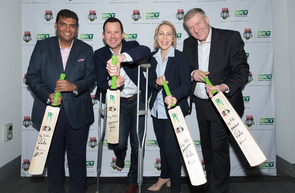 PARTNERS: Joint Managing Director of BKT Rajiv Poddar, Former Australian Cricket captain Ricky Ponting, Head of the Big Bash League with Cricket Australia Kim McConnie, and James Saunders from Tradefaire International.
