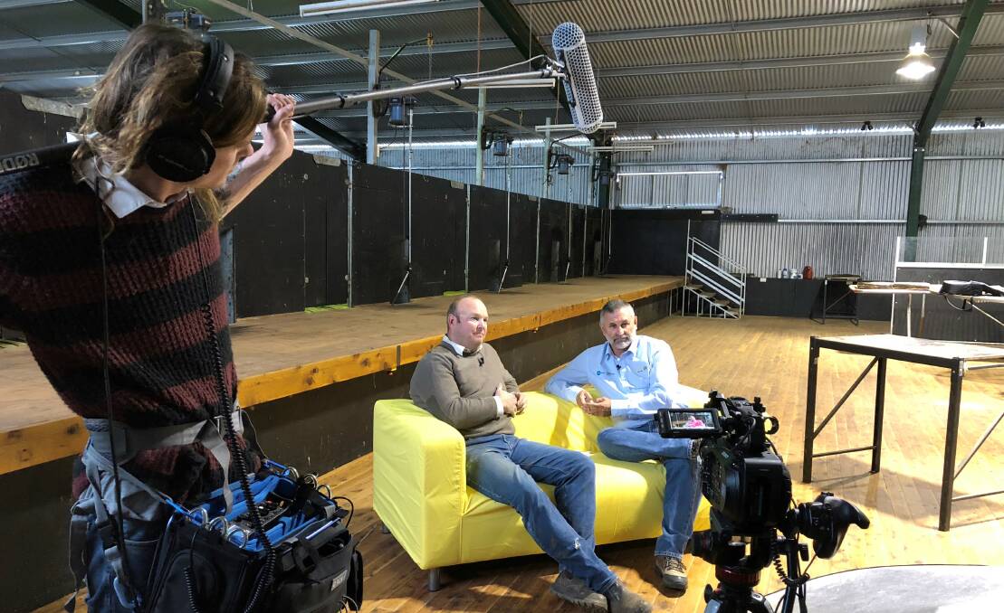 HOT SET: Journalist Peter Lewis interviews Forbes based wool producer Dan Mattiske about the biggest challenges he faces in regards to animal health for an upcoming episode of The Coopers Couch, while sound engineer Sam Strachan captures the audio.