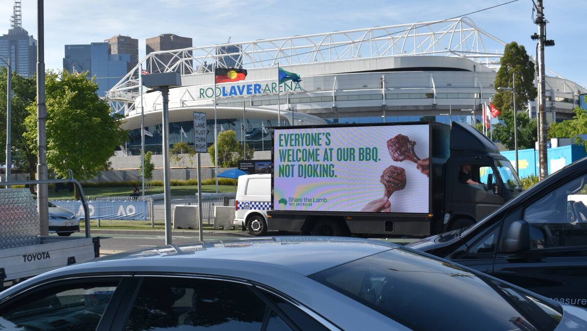 Billboards promoting Australian lamb at the Australian Open in Melbourne have made cheeky reference to the Novak Djokovic visa saga. 