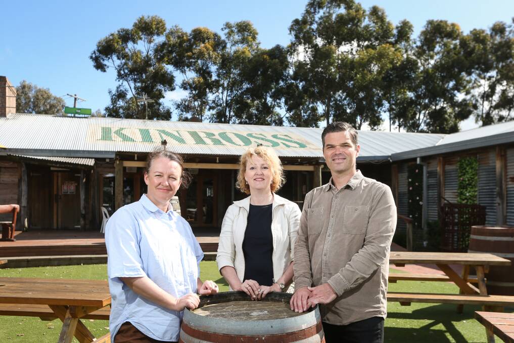 Kinross Woolshed co-owner Adrienne Griffiths (middle) is excited to revamp the venue with Techne Architecture and Interior Design Albury studio team leader Dana Hutchins and architect Rhys Pollock. Picture by James Wiltshire
