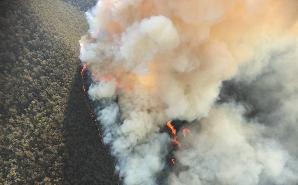 FROM THE AIR: A photo taken from an aircraft on Monday shows the intensity of the Ensay Ferntree Creek fire.