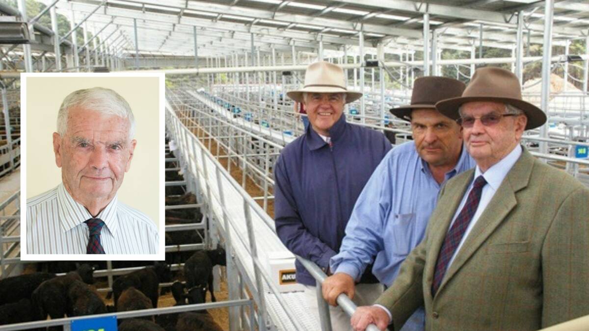 Victorian Livestock Exchange chairman Graham Osborne, Phelan & Henderson & Co director David Phelan, Yarram, and the late Brian Rodwell pictured at the Victorian Livestock Exchange at Leongatha in 2016. File picture