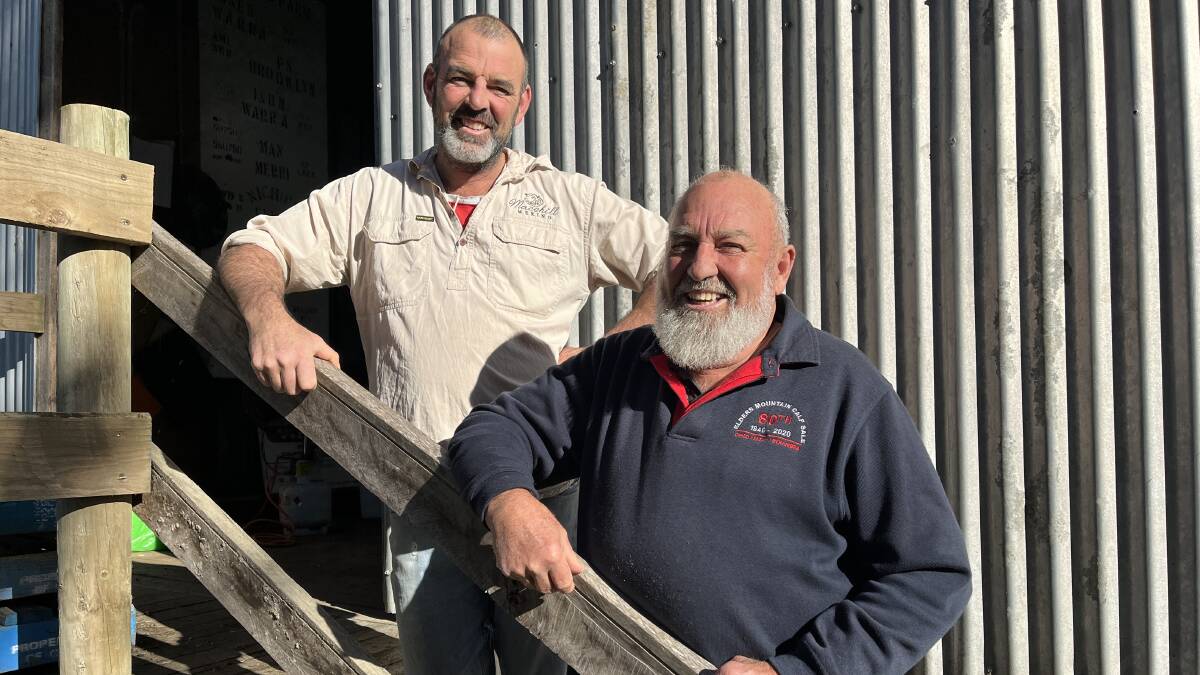 Mace Hill Merino stud principal Luke Nicholls, Munro, with his father and retiring Elders Gippsland district wool manager, Mal Nicholls, on the eastern Victorian property. Picture by Bryce Eishold
