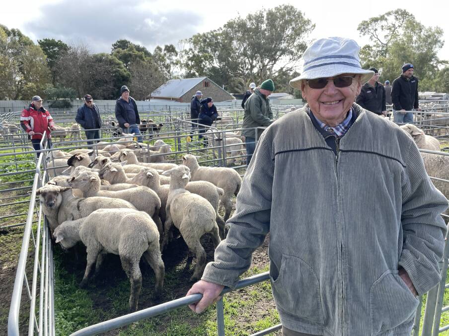 BUYER: Rex Bormann, Mannum, bought the 14 Suffolk-cross mixed sex lambs for $148 at the Mount Pleasant, SA, sheep market.