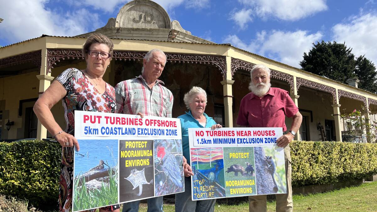Guardians of Nooramunga Coastal Communities secretary and local farmer Maree Avery, Hedley, and vice- president Dan Hopkins, Hedley, and Gelliondale residents Valerie and Graeme James stand outside the historic Gelliondale Hotel. Picture by Bryce Eishold
