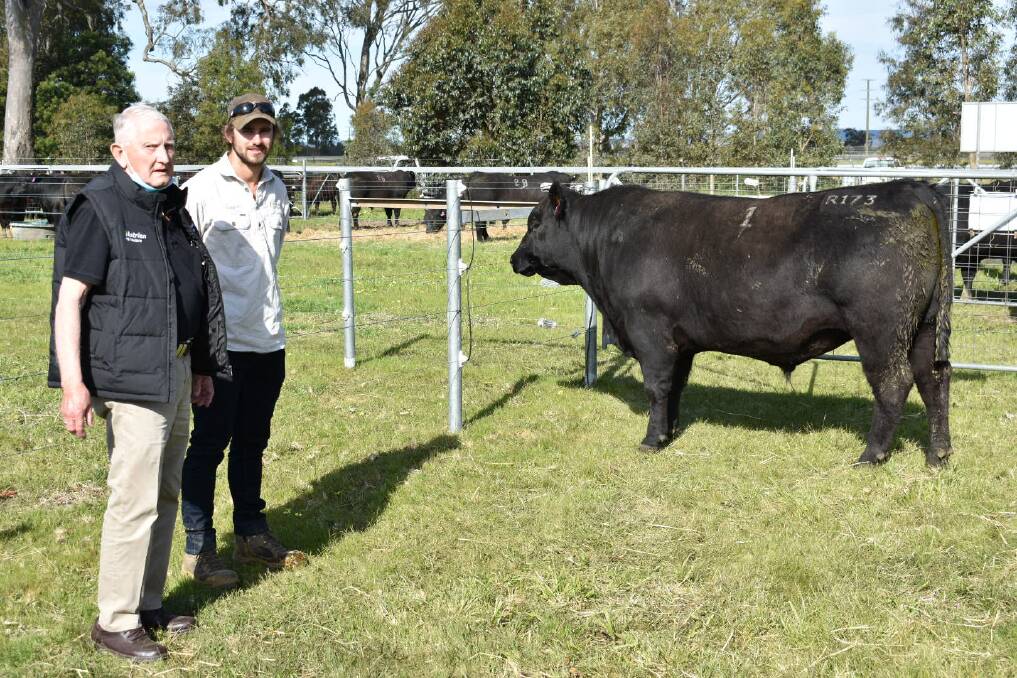 SALE TOPPER: Representing agent Kevin Morgan, Nutrien Leongatha, with Leawood Angus stud co-principal Luke Stuckey and the $19,000 sale-topping bull.