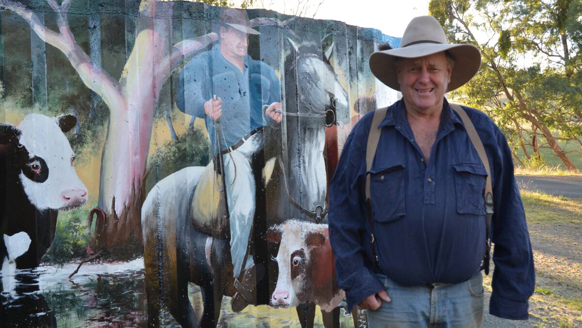 The tank also depicts Ensay Hereford breeder Phillip 'Bluey' Commins, Nunniong Hereford stud, on horseback. Picture by Bryce Eishold