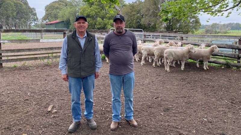 STRONG RESULT: Pinora Poll Dorset stud principal Kelvin Sundermann, Heyfield, and Robert Anton, A & P Anton & Sons, Toongabbie, who bought six rams from Pinora.