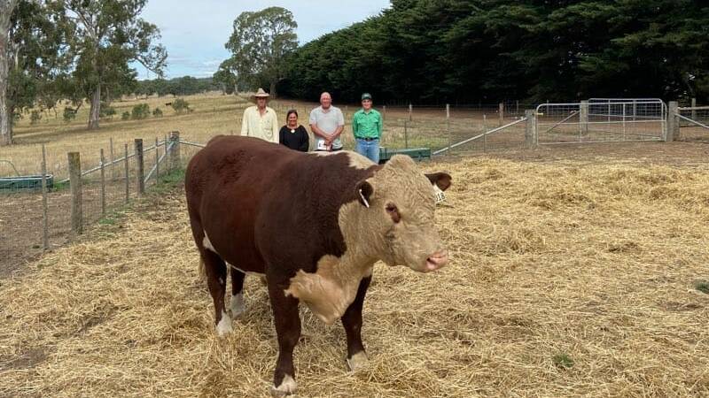 SALE TOPPER: Wilkah Herefords Lot 3 with stud principals Andrew and Angela Lyons, new client and top-priced buyer Anthony Lees, Migalake and Nutrien Casterton agent Christian Howlett.
