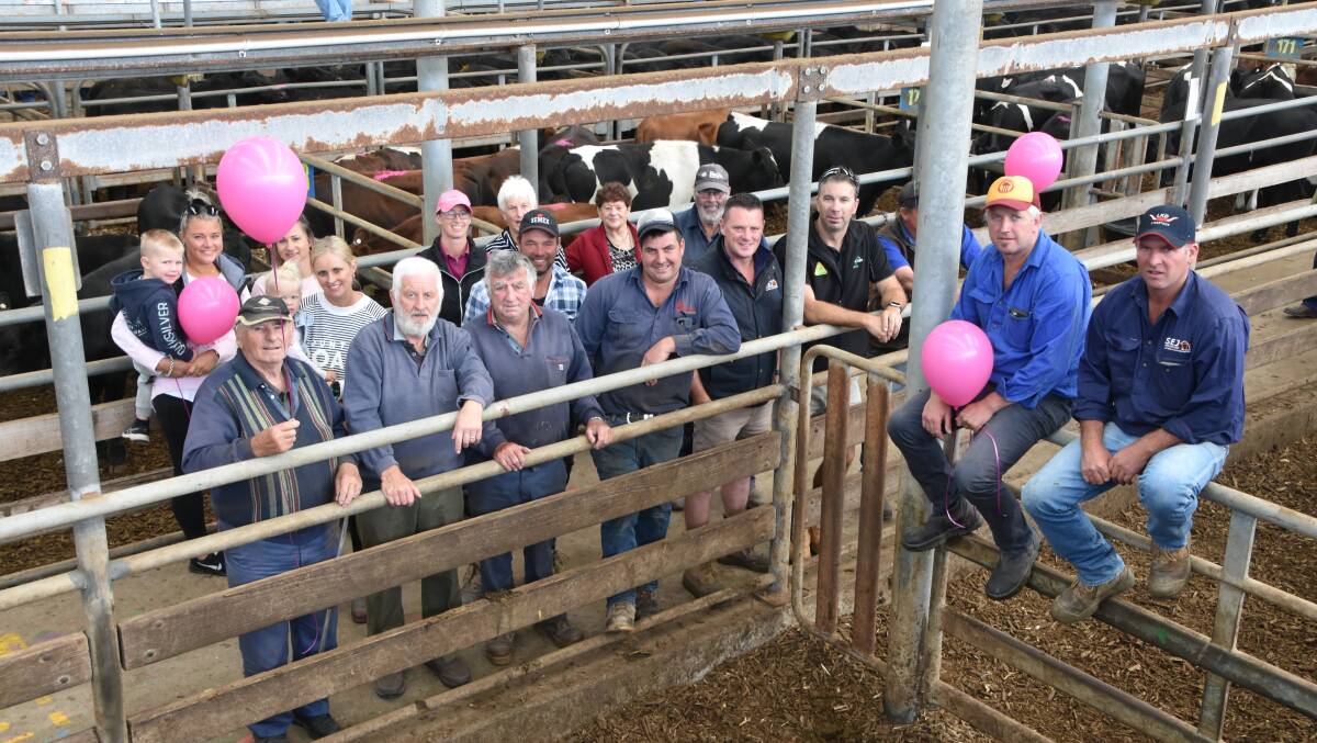 GOOD CAUSE: Some of the farmers and auctioneers who supported the McGrath Foundation breast cancer fundraiser at Leongatha last year.