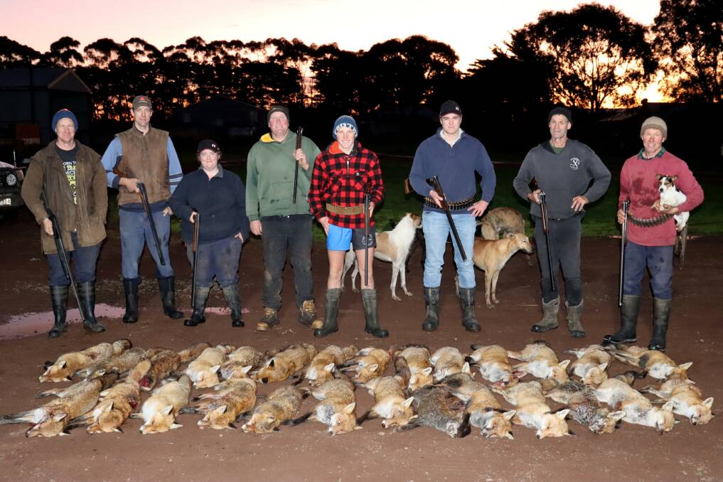 Penshurst district farmers Ben, Luke and Landon Walkenhorst, Harry and Adam Linke, Jack Kruger, Brad Bensch and Ronald Linke shot more than two-dozen foxes in 24 hours. Picture by Tracey Kruger