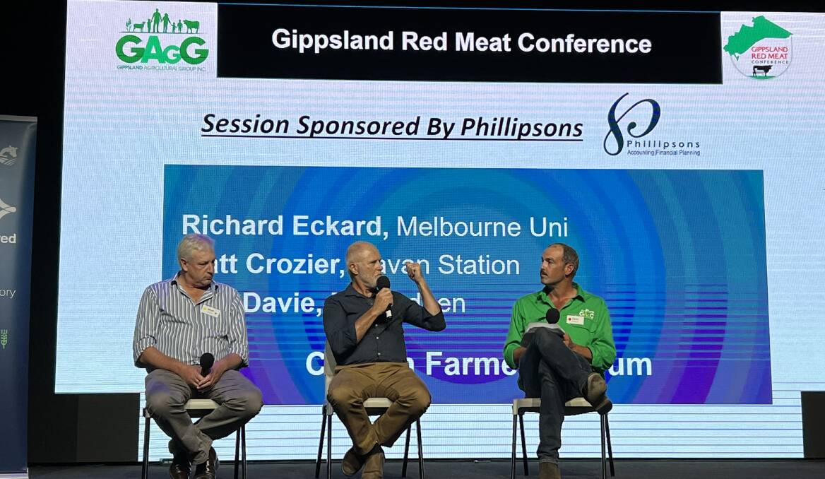 University of Melbourne Sustainable Agriculture professor Richard Eckard (middle) will conduct a workshop in Sale this month, pictured alongside Matt Crozier (left), Cavan Station, Yass, NSW, and Gippsland Agricultural Group board member David Caldwell, Coonmoor Pastoral Co, Lindenow South, at the 2022 Gippsland Red Meat Conference. Picture supplied