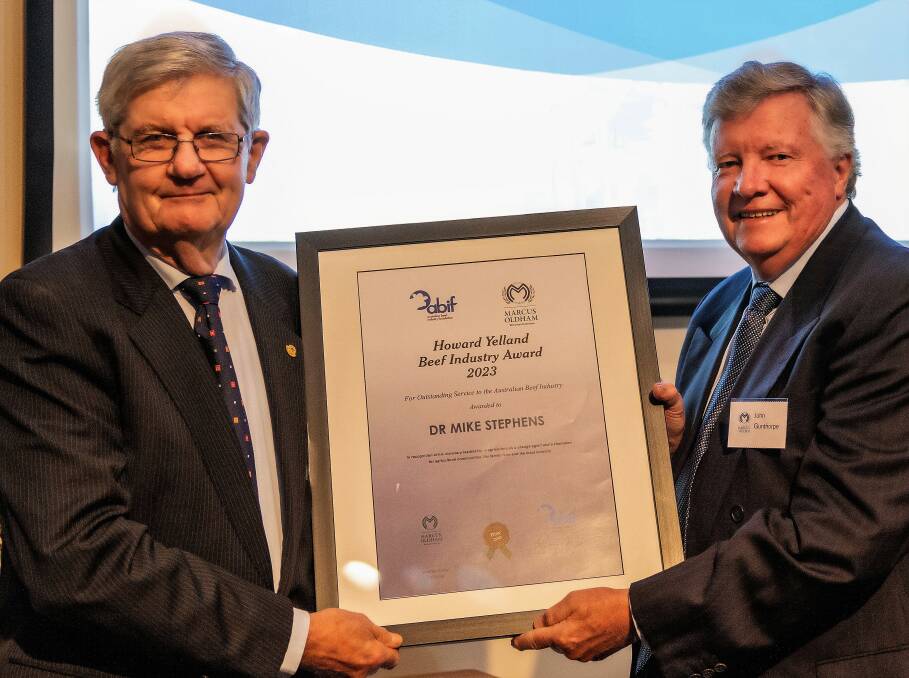 Meridian Agriculture founder and director Mike Stephens receives the 2023 Howard Yelland Award from Australian Beef Industry Foundation chairman John Gunthorpe. Picture supplied